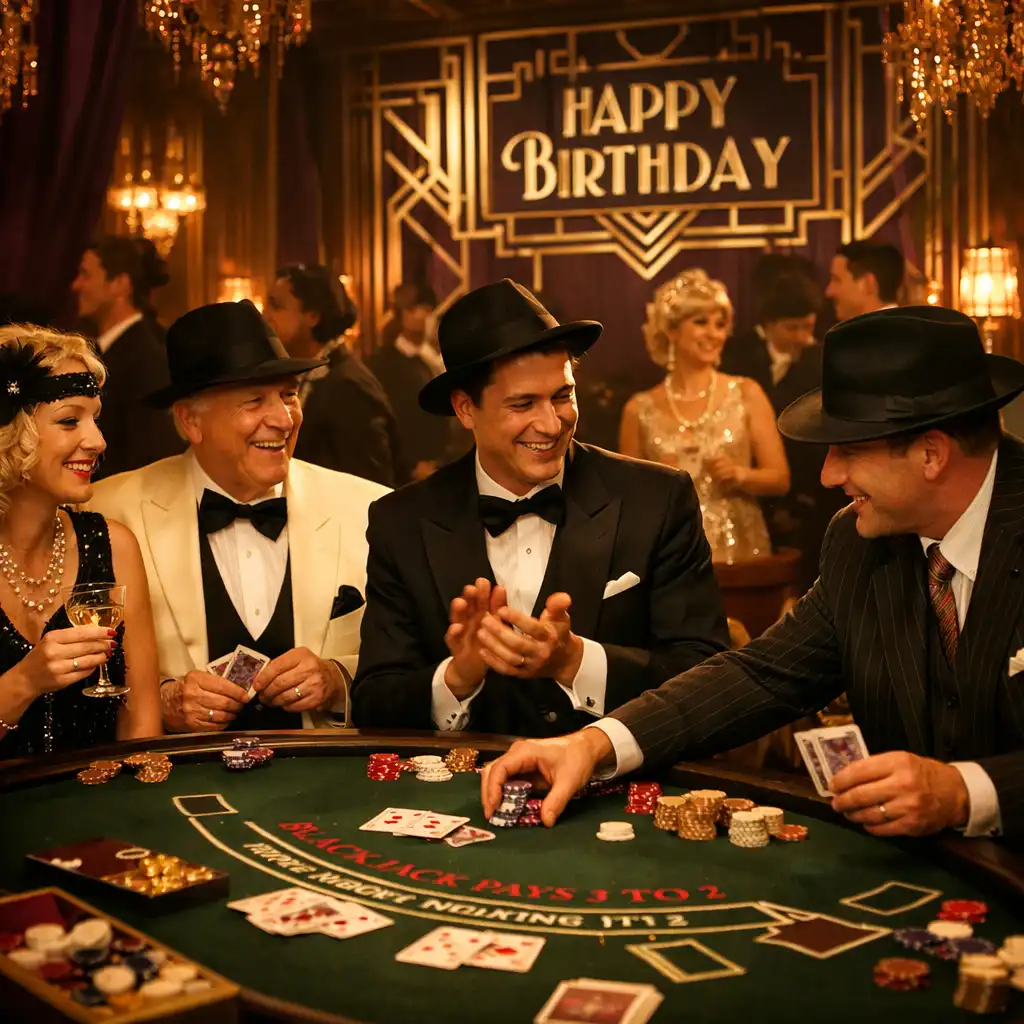 Geburtstagsfeier im Stil der Goldenen Zwanziger mit Gästen in Vintage-Kleidung und einem Blackjack-Tisch