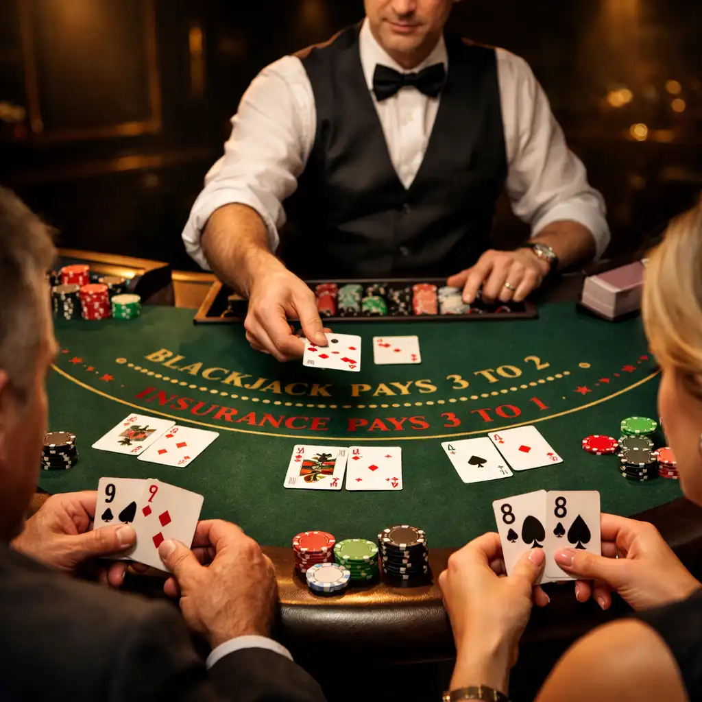 Blackjack-Tisch mit Karten, Chips und einem Dealer