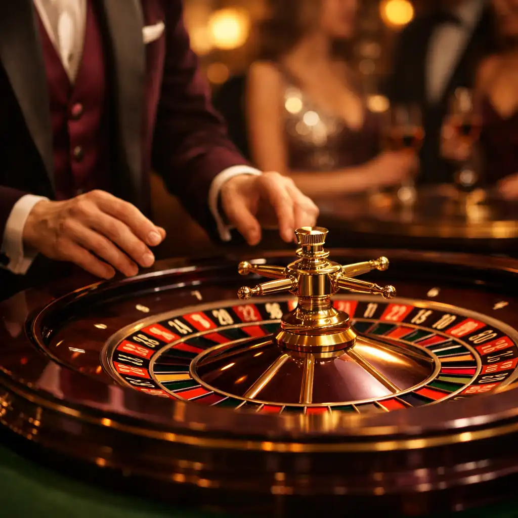 Nahaufnahme eines Roulette-Tisches mit goldenem Licht und eleganten Händen eines Croupiers
