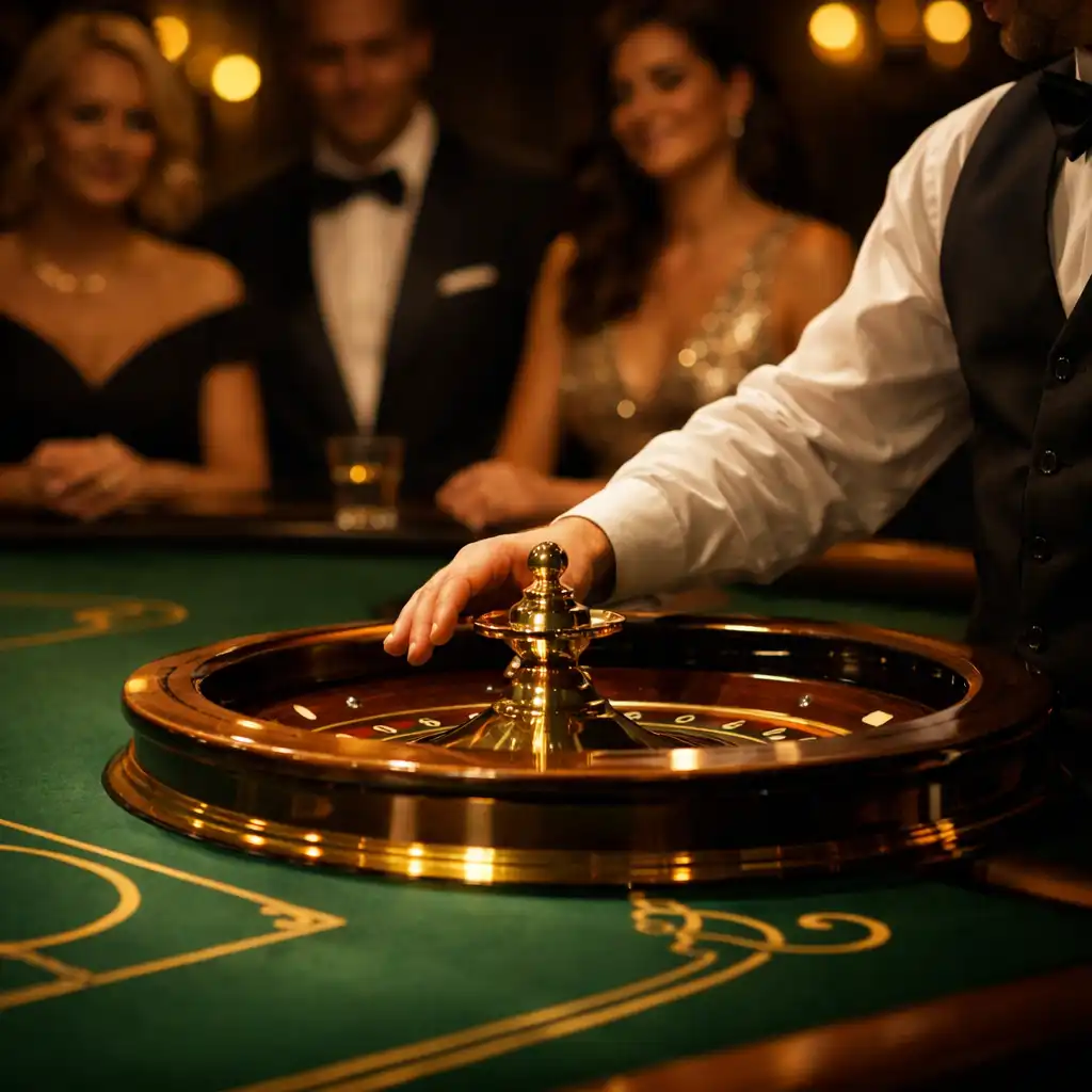 Eleganter Roulette-Tisch mit Croupier und Gästen in Abendgarderobe