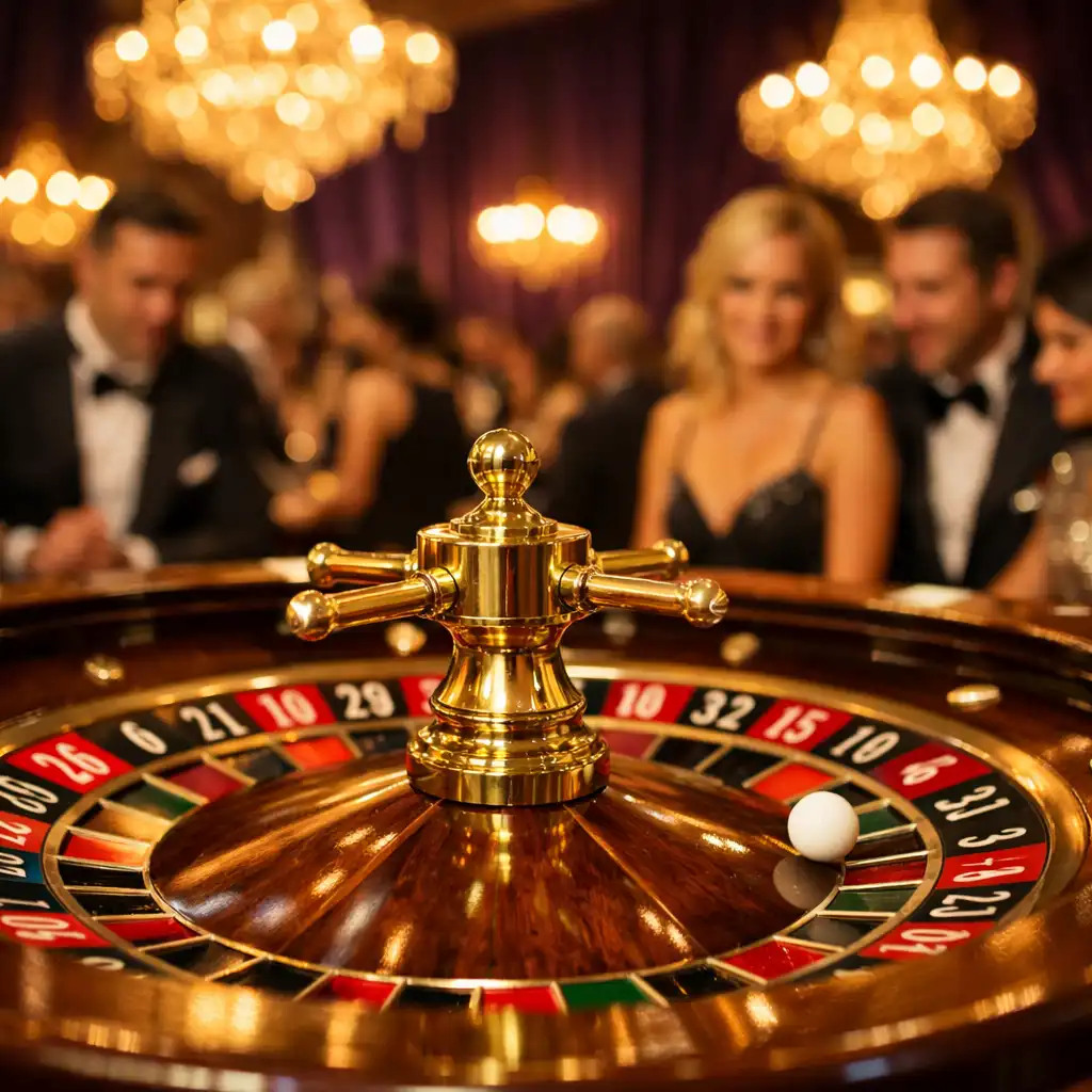 Eleganter Roulette-Tisch mit Gästen in Abendgarderobe in einem luxuriösen Ballsaal