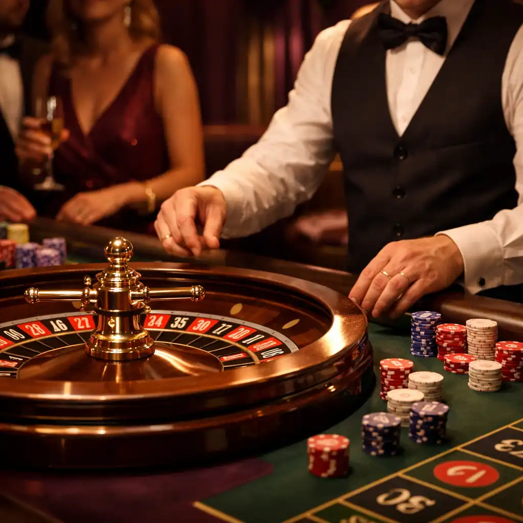 Eleganter Roulette-Tisch mit professionellem Croupier und Gästen in Abendgarderobe