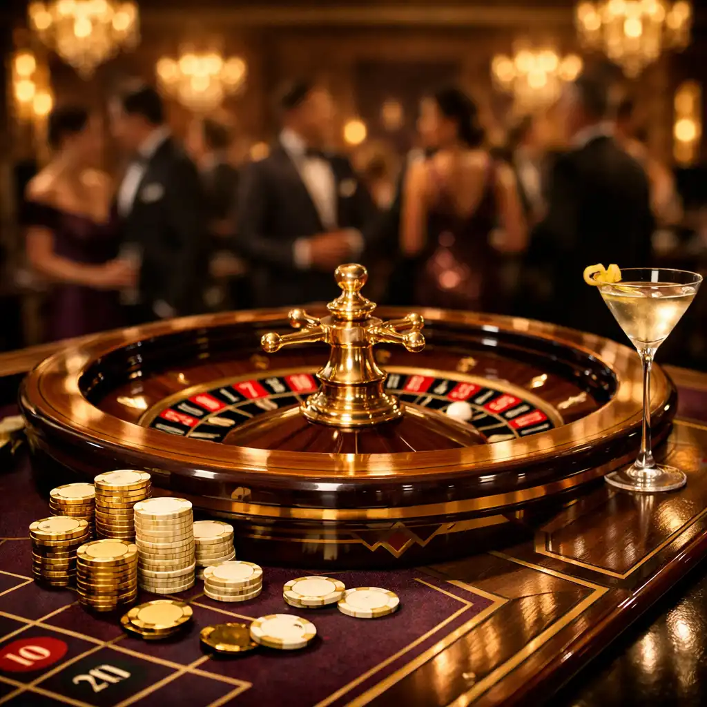 Eleganter Roulette-Tisch im Art-déco-Stil mit goldenen Jetons