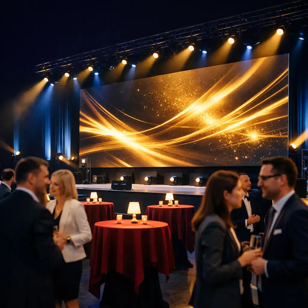 Moderne Corporate-Event-Bühne mit goldenen LED-Mustern und netzwerkenden Gästen