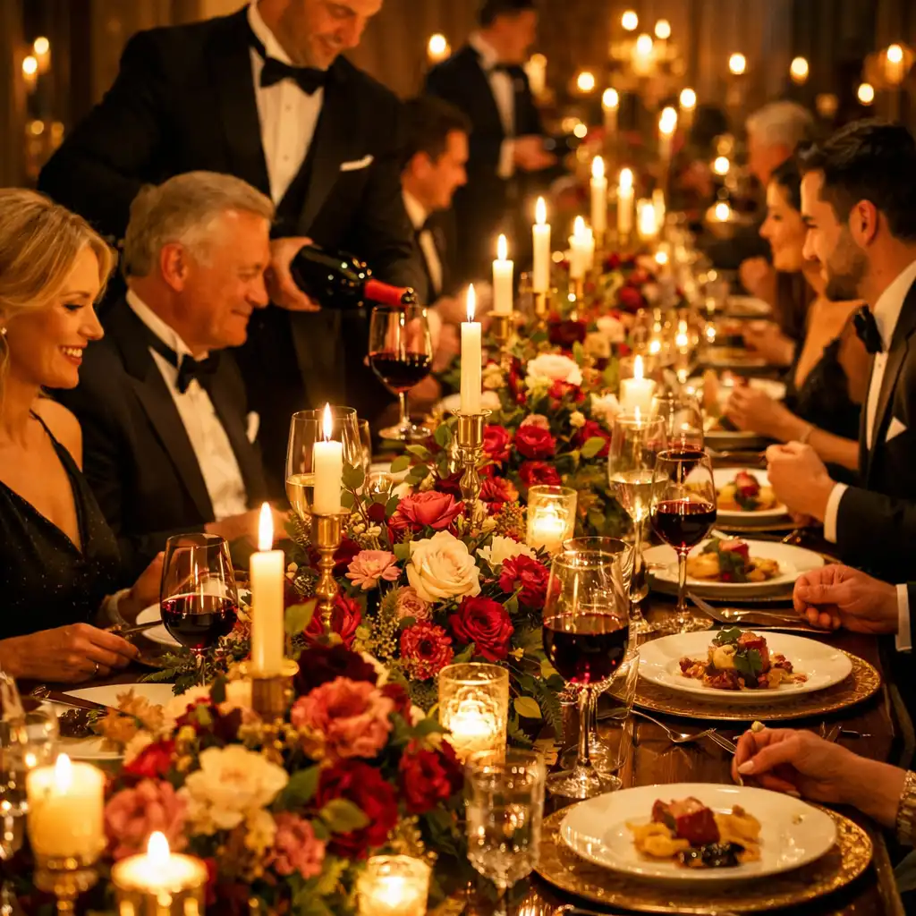 Exklusives Dinner-Event an einer langen Tafel mit Kerzenlicht