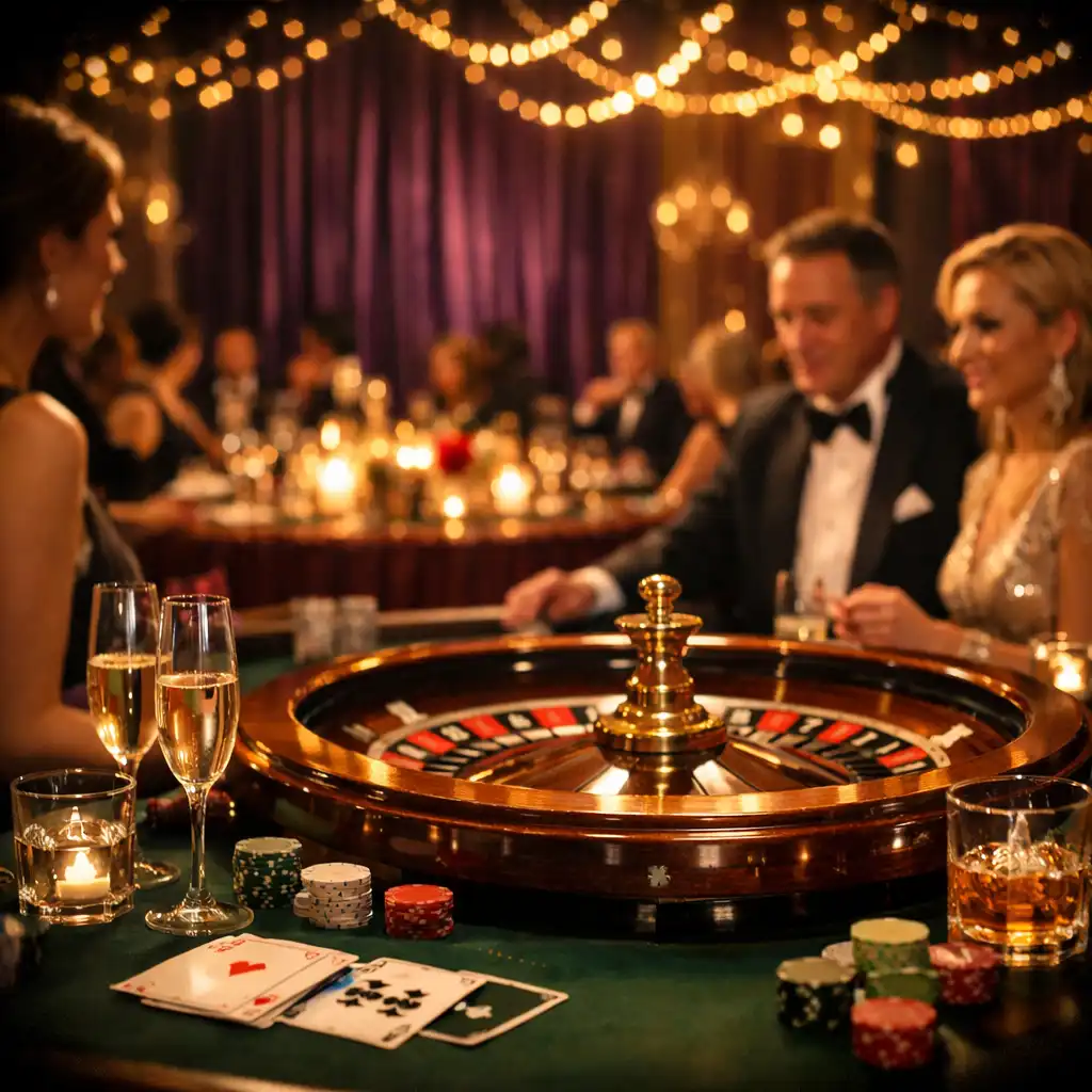 Eleganter Eventsaal mit tiefviolettem Samtvorhang, goldenen Lichterketten und einem Roulette-Tisch im Vordergrund