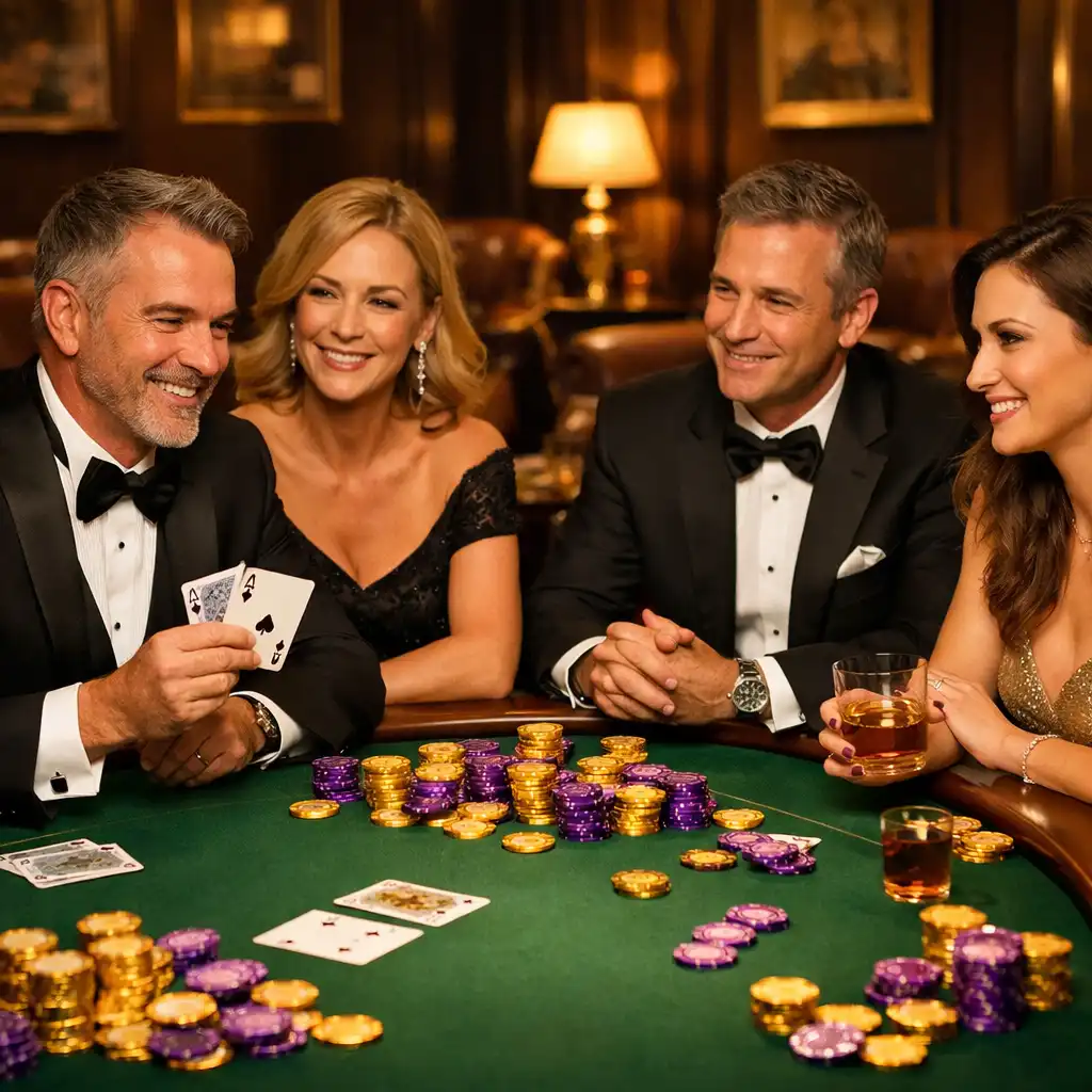 Poker Lounge mit professionellem Pokertisch und Dealer im Smoking