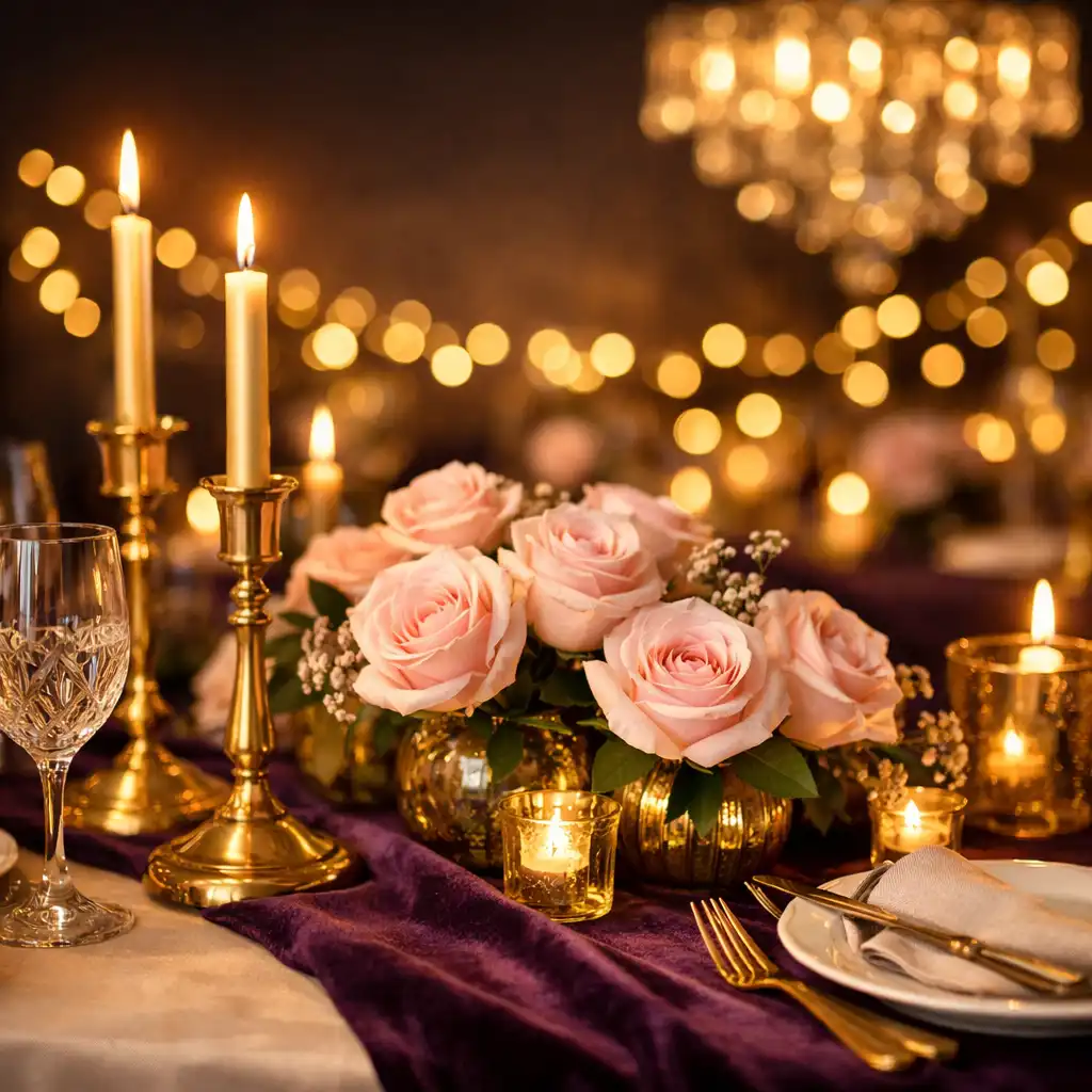 Festlich gedeckte Tafel mit violettem Samtläufer, goldenen Kerzen und Rosen