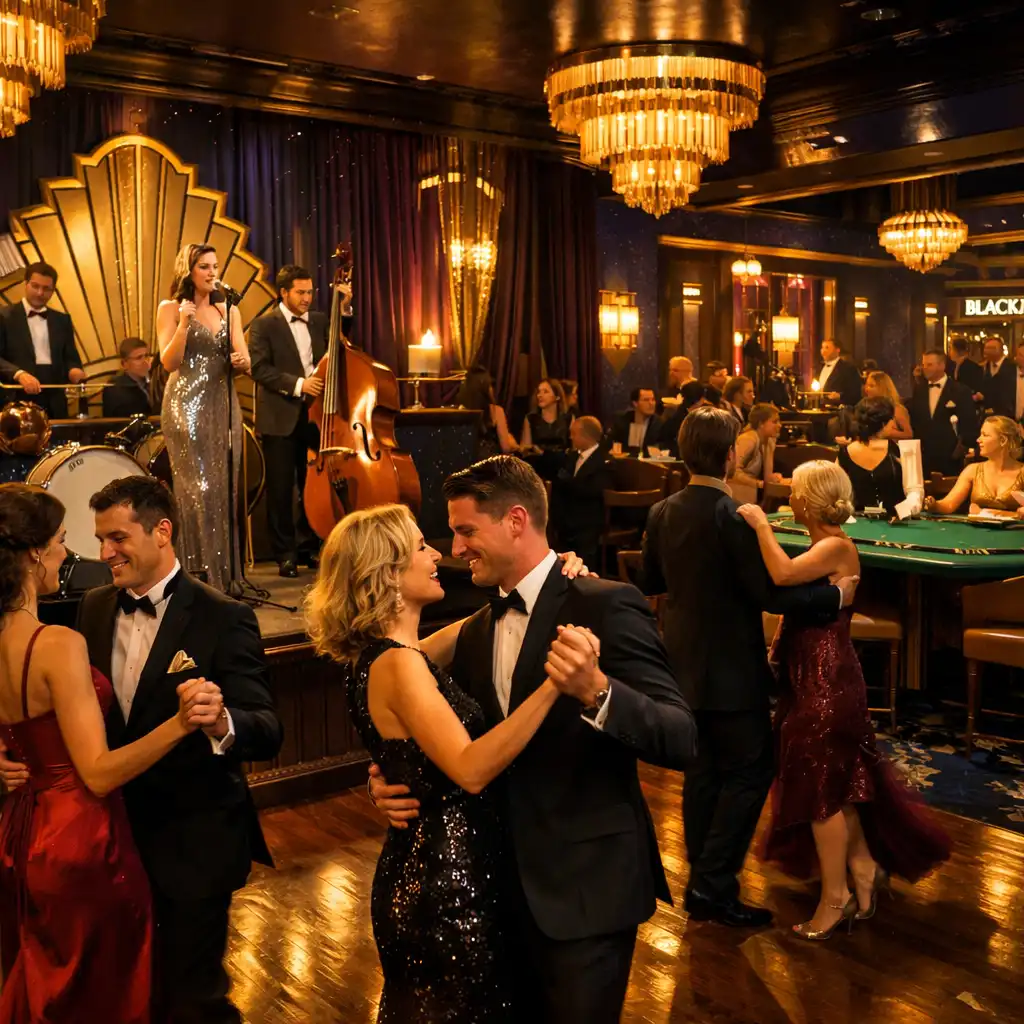 Glamouröse Jahresfeier mit Art-déco-Dekor, tanzenden Gästen und Casino-Lounge im Hintergrund