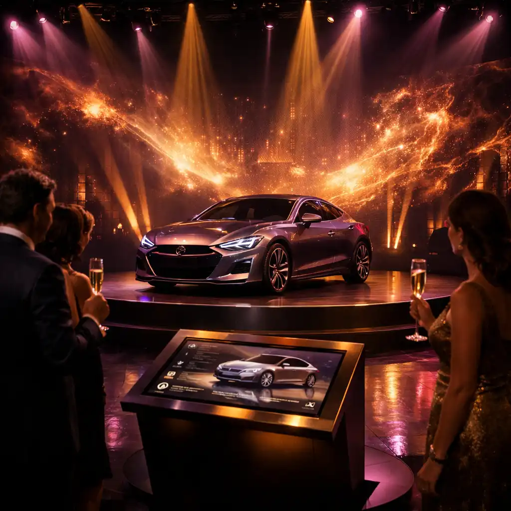 Inszenierte Produktpräsentation eines Automobils auf einer Bühne mit Licht- und Videoprojektionen