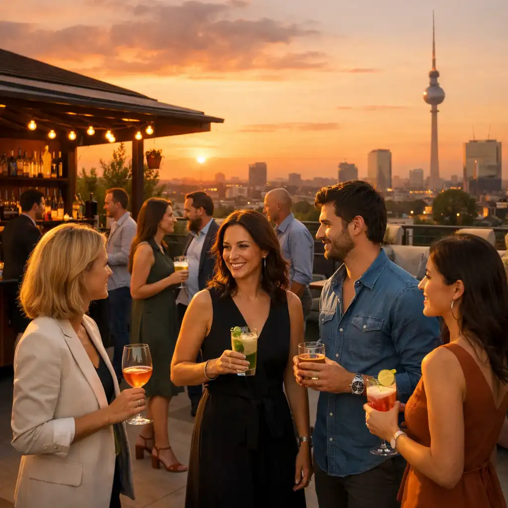 Social Gathering auf einer Dachterrasse bei Sonnenuntergang