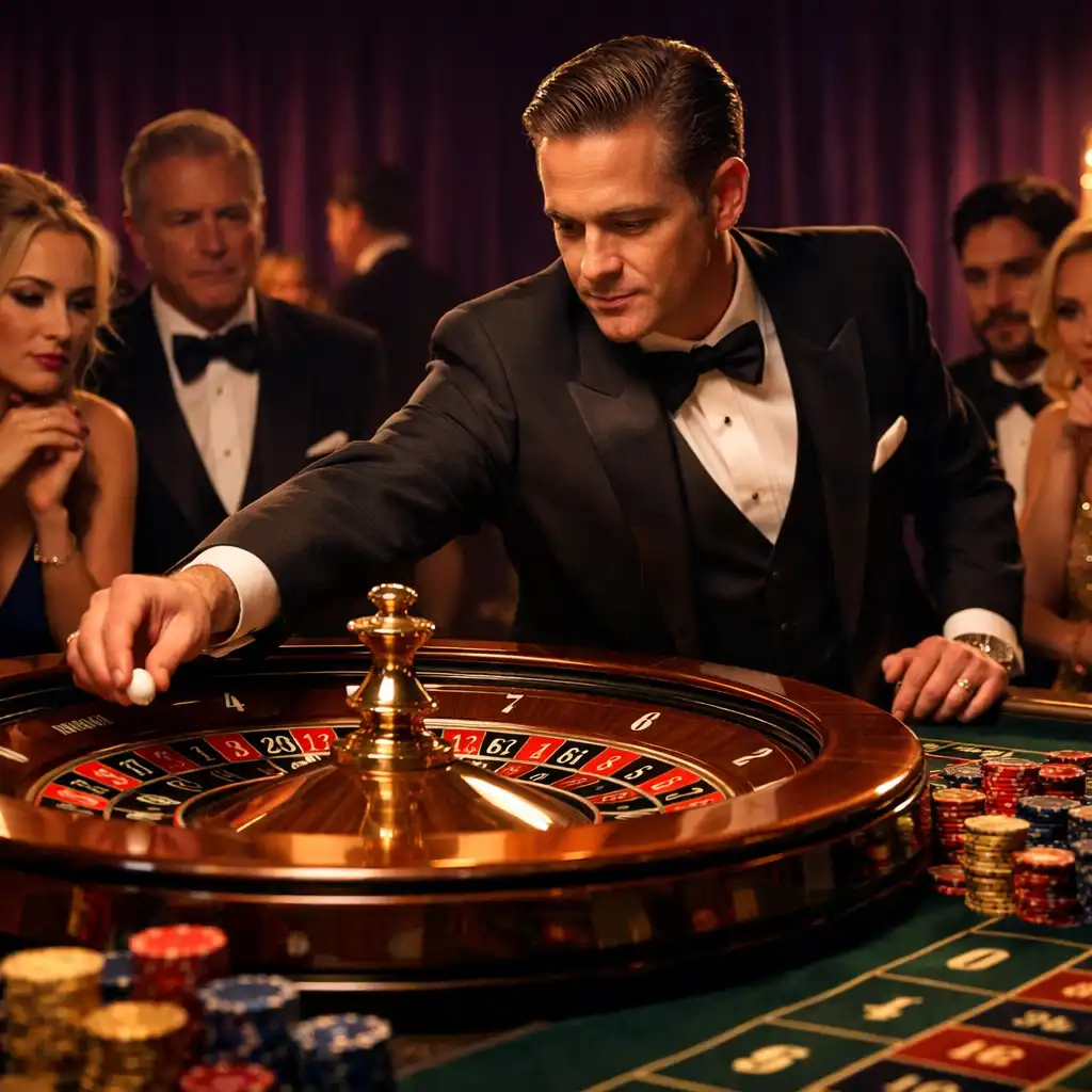 Professioneller Roulette-Tisch mit Croupier und Gästen in eleganter Abendgarderobe