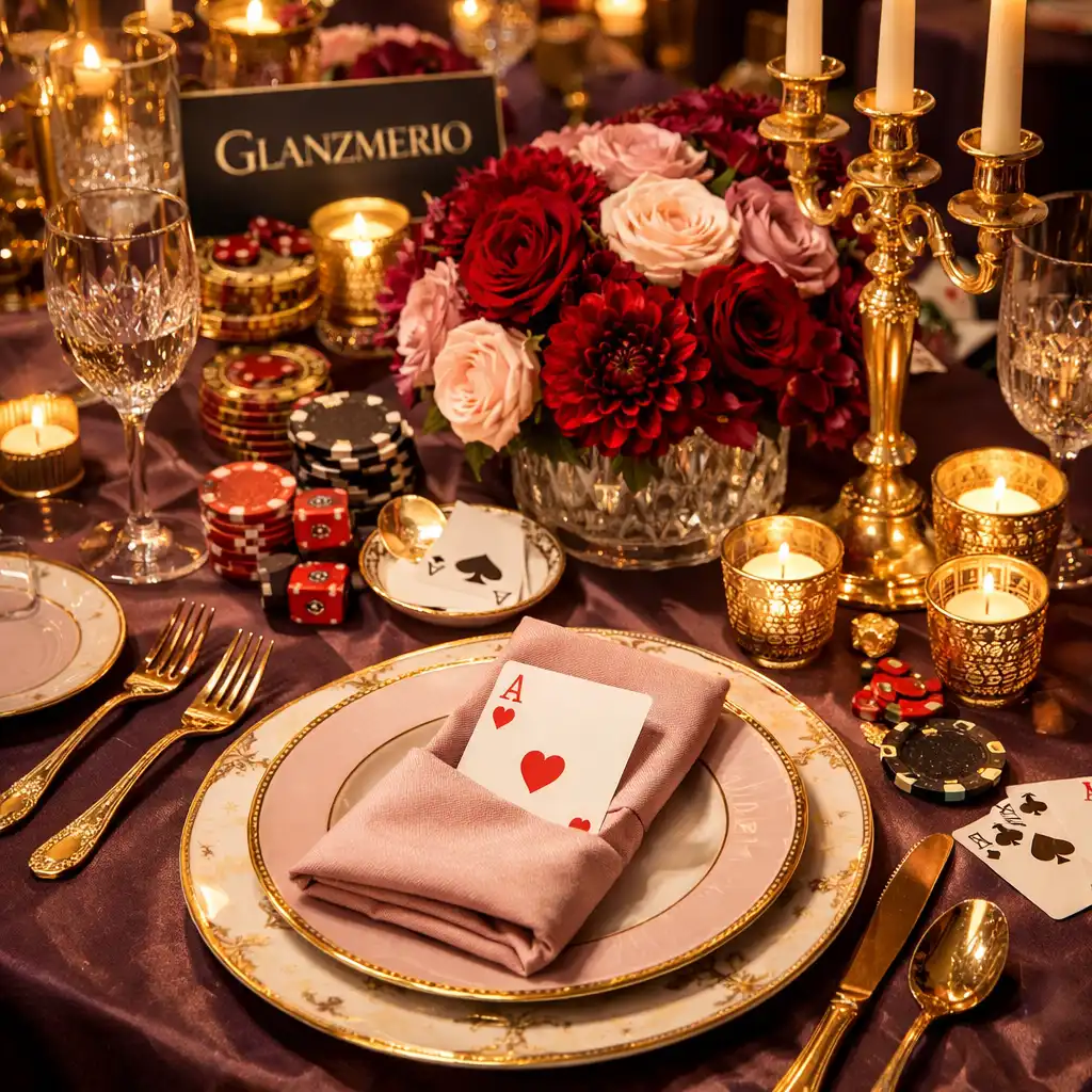 Festlich gedeckter Tisch mit edlem Geschirr, goldenen Kerzenleuchtern und roten Blumenarrangements